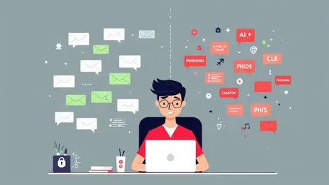 Office worker ai email security green calm vs red phishing streams