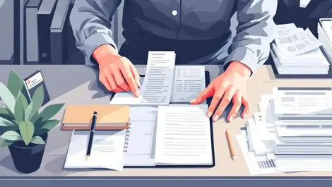 Editorial illustration bookkeeper receipts invoices to records